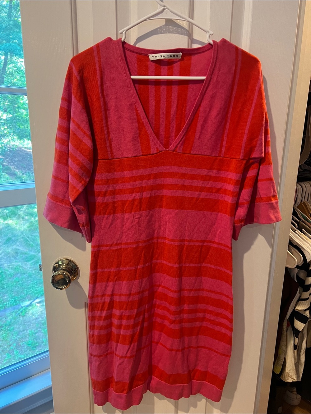 Trina Turk Pink and Red Striped V-Neck Knit Dress
